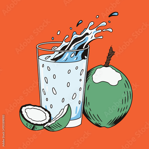A glass of coconut water with a coconut on the side