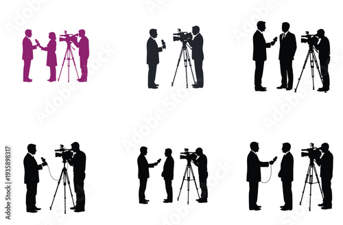 News Interview Silhouette Set with Journalist and Cameraperson Vector Illustration