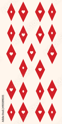 Pattern of red diamond shapes with white hearts on a white background.