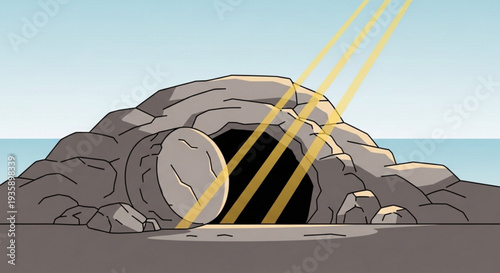 Tomb with stone rolled away sunlight shining inside on transparent background