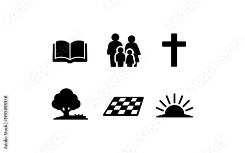 Collection of six simple black icons representing faith, family, nature, and hope