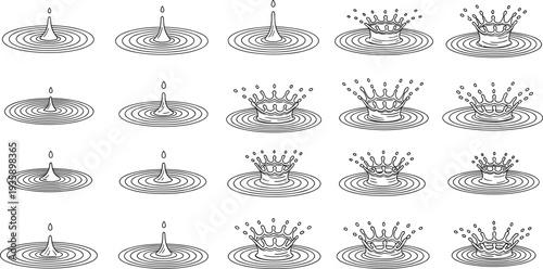 Set of Water Droplet and Crown Splash Icons for Fluid Motion, Water Effects, and Nature Design Vectors