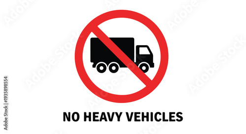 A sign with a red circle and line through a truck icon on a white background indicating no heavy vehicles allowed.