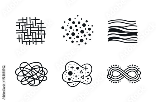 Line style icons of generative textile patterns: random-seed weave cell, stochastic dot cluster, irregular stripe fragment,
