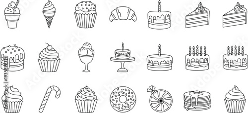 Sweet Treats Icon Set Featuring Cupcakes, Cakes, Ice Cream, Donuts, and Candies for Dessert and Bakery Designs