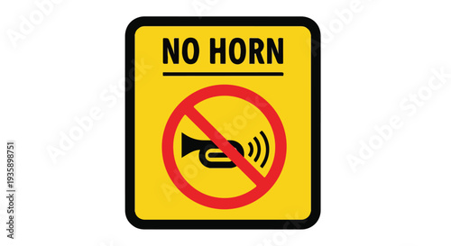 Close-up of a yellow No Horn sign with a red circle and line through a horn icon on a white background.