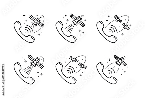 Satellite phone communication concept with orbiting satellites and signal waves