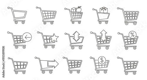 Collection of Hand Drawn Shopping Cart Icons with Various Symbols.