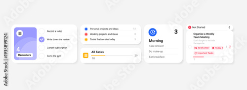 Minimal iOS-style reminder dashboard with task lists, widgets and progress bars. Clean productivity UI for planner, to-do list and task management mobile apps.