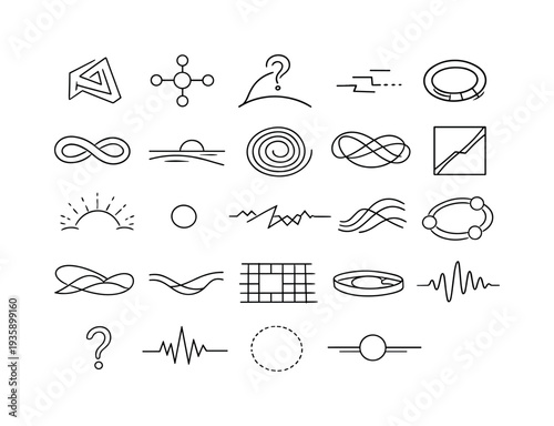 Line style icons of the machine surpassing understanding: paradox arc tile, reflective dot node, deep-question curve, unresolved