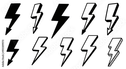 Collection of Hand Drawn Lightning Bolt Icons.