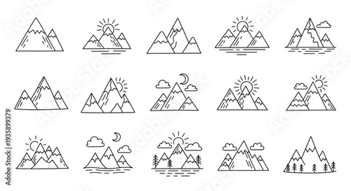 Collection of Hand Drawn Mountain Peaks and Landscapes.