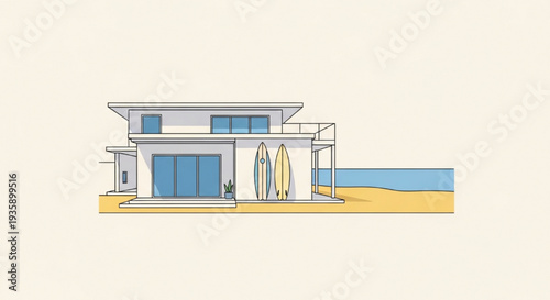 Stylish luxury two story modern beach house with colorful surfboards next to ocean vector illustration