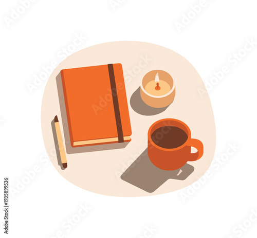 Minimalist Digital Detox. Digital detox lifestyle concept with simple notebook book candle and cup arranged neatly seen from