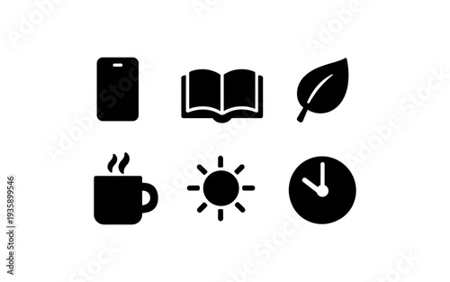 Collection of simple black icons representing daily activities and elements