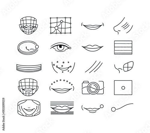 Line style icons of subtle-smile analysis camera: expression mesh arc, sincerity node tile, polite-smile dot, tension stripe line,