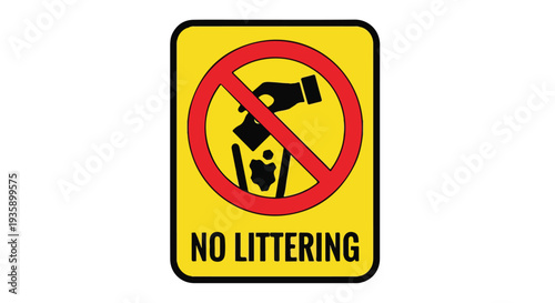 Close-up of a yellow no littering sign with a red circle and a black trash can on a white background.