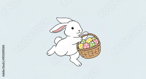 Adorable white easter bunny rabbit hopping carrying wicker basket filled with colorful eggs cartoon illustration