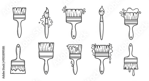 Collection of Hand Drawn Paint Brushes and Tools.