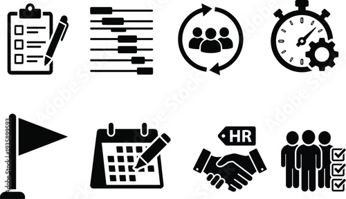 Human Resources HR and Project Management Icon Set Silhouette Vector