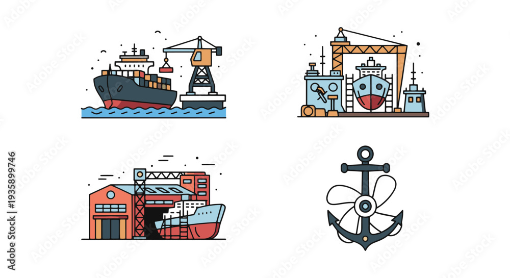 Fototapeta premium Shipyard Line art vector set modern abstract style illustration
