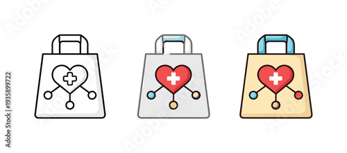 Care coordination scene portrayed as a simple pharmacy takeout bag with short handles and flat base shown front-facing as a