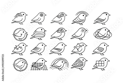 Line style icons of magnetically guided birds: geomagnetic cue line, retinal spin node, quantum reaction patch, flux-detection