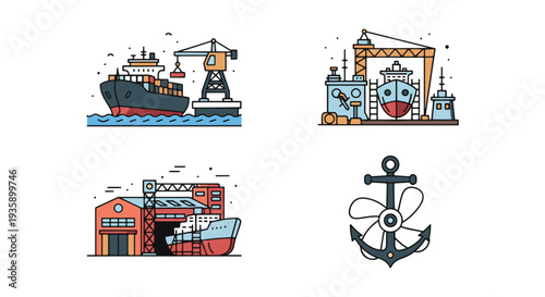 Shipyard Line art vector set modern abstract style illustration