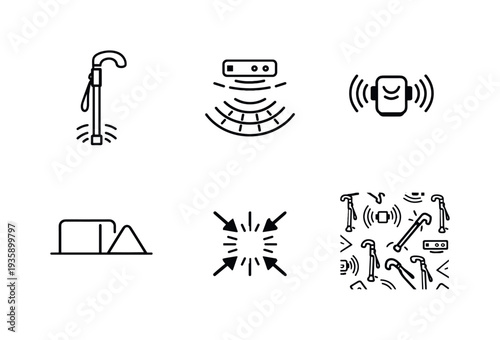 Line style vector icons of LiDAR-guided walking cane: smart-cane icon, LiDAR-sensor motif, vibration-signal symbol,