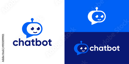 Creative modern chatbot logo template. Chat bot with smile face, bot assistant logo design vector illustration.