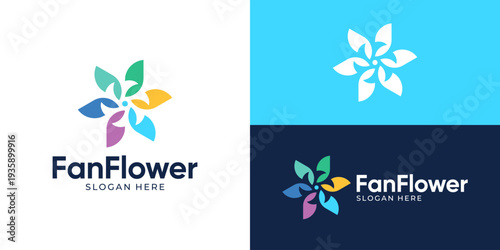 Creative simple fan flower logo template. Abstract propeller with flower for air freshener logo design vector illustration.