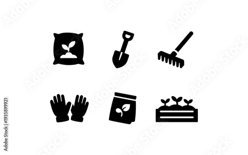 Gardening tools and supplies icons for planting and cultivation on a white background