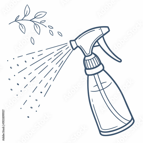 A blue line drawing of a spray bottle spraying liquid on a plant