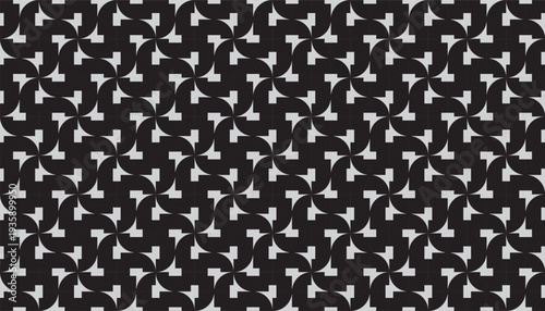 Seamless monochrome geometric pattern with abstract rotating shapes, black and white optical illusion background, modern repetitive tile design
