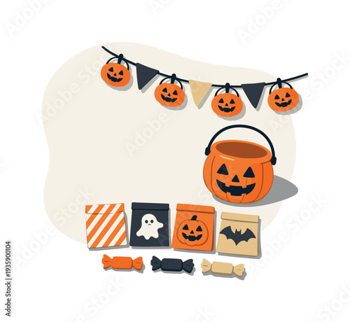 Clean halloween party prep concept viewed from above with generic pumpkin bucket garland and treat wrappers aligned clearly,