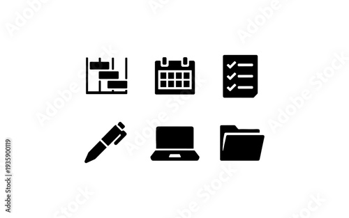 Set of six simple black icons representing business and planning tools
