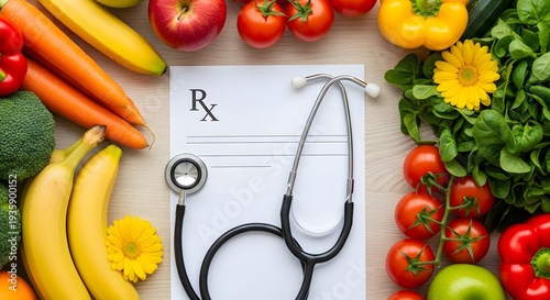 Stethoscope on prescription pad surrounded by fresh fruits and vegetables healthy food