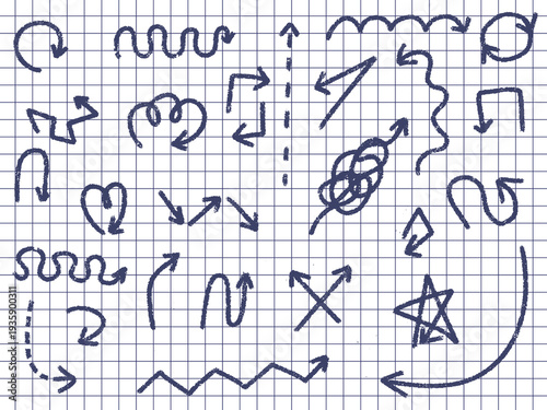Blue pen doodle collection. Blue pen lines, arrows and scribbles at grid notebook background. Crayon drawn note doodles for hand drawn diagram, infographic and journaling.