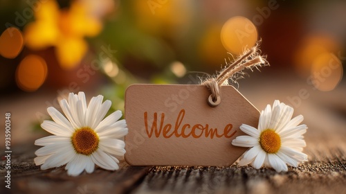 A warm and inviting Welcome message displayed on a rustic kraft paper tag, featuring the word Welcome in elegant orange script. 