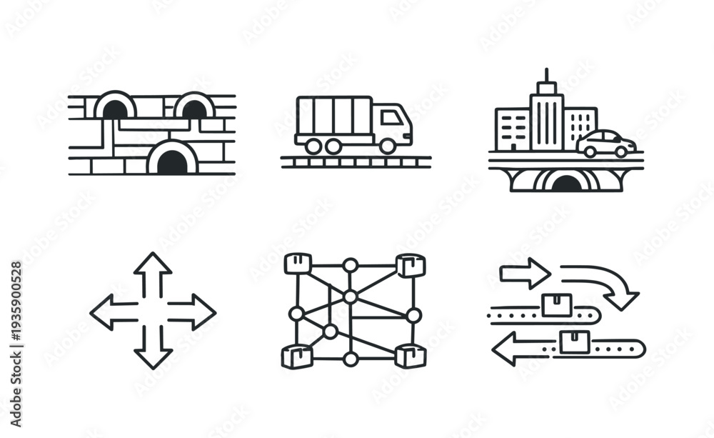 Obraz premium Line style vector icons of underground urban logistics: tunnel-network outline, freight-vehicle motif, city-street icon,