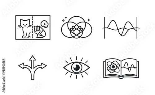 Line style vector icons of quantum superposition interpretations: Copenhagen-icon outline, multiverse-motif symbol, wave-function