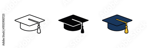 Learning journey context presents a graduation cap resting level, identical geometry aligned in a horizontal set, later appearing