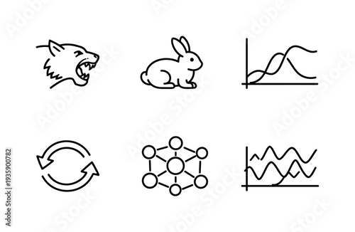 Line style vector icons of biological chaos: predator-outline motif, prey-icon outline, population-curve icon, interaction-arrows