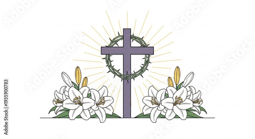 Easter cross with white lilies and crown of thorns on white background symbolizing resurrection and hope