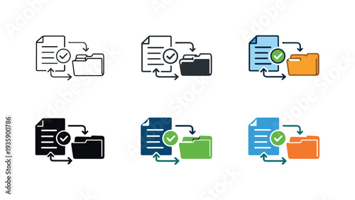 Claims System Icons Grid. Claims processing system icon showing stylized documents, checkmarks, folders, and flow arrows