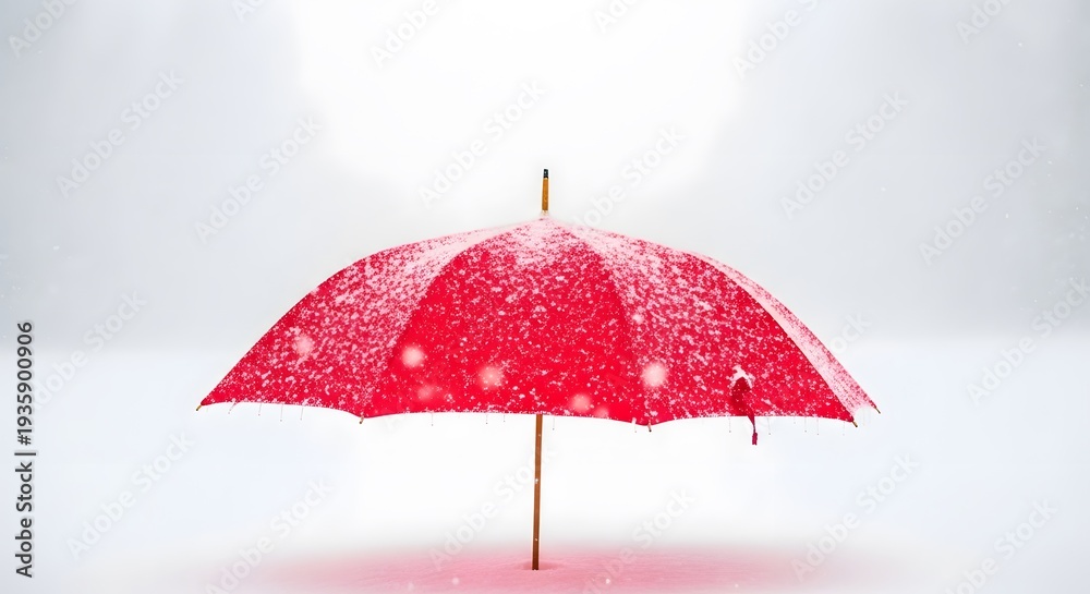 Obraz premium Red umbrella covered in snow against a minimalist white winter background