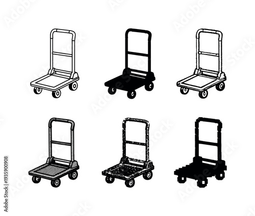 Hand Truck Variations. Folding hand truck dolly with collapsible handle and small wheels for compact storage and delivery tasks |