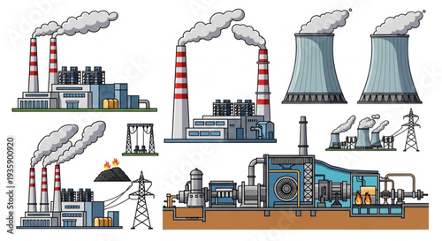 Collection of industrial power plant buildings with smoke stacks.