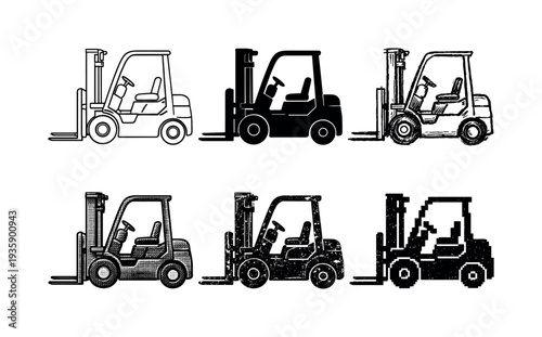 Industrial forklift truck with lifting mast and front forks used for moving pallets and heavy cargo in warehouses | Create ONE