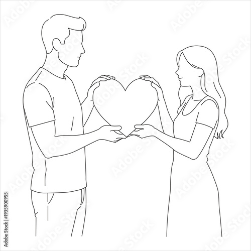 Man giving a love to his girlfriend romantic proposal line art illustration. Boy and girl giving heart single line vector design. 
